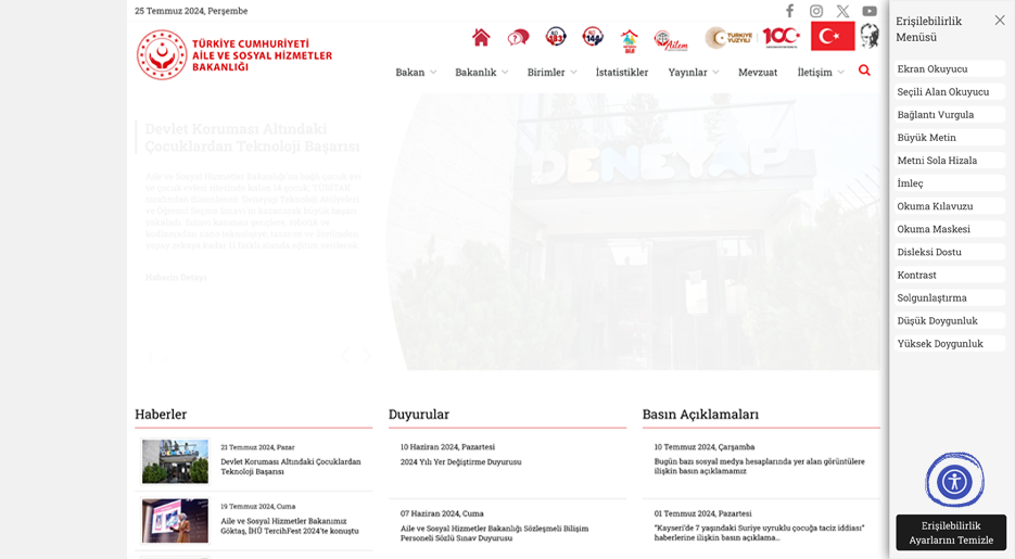 Aile ve Sosyal Hizmetler Bakanlığının internet sitesi “Erişilebilirlik Menüsü”yle engelli vatandaşların hizmetine sunuldu