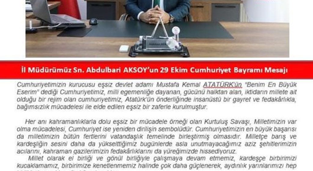 İl Müdürümüz Abdulbari AKSOY’un 29 Ekim Cumhuriyeti Bayramı tebrik mesajı