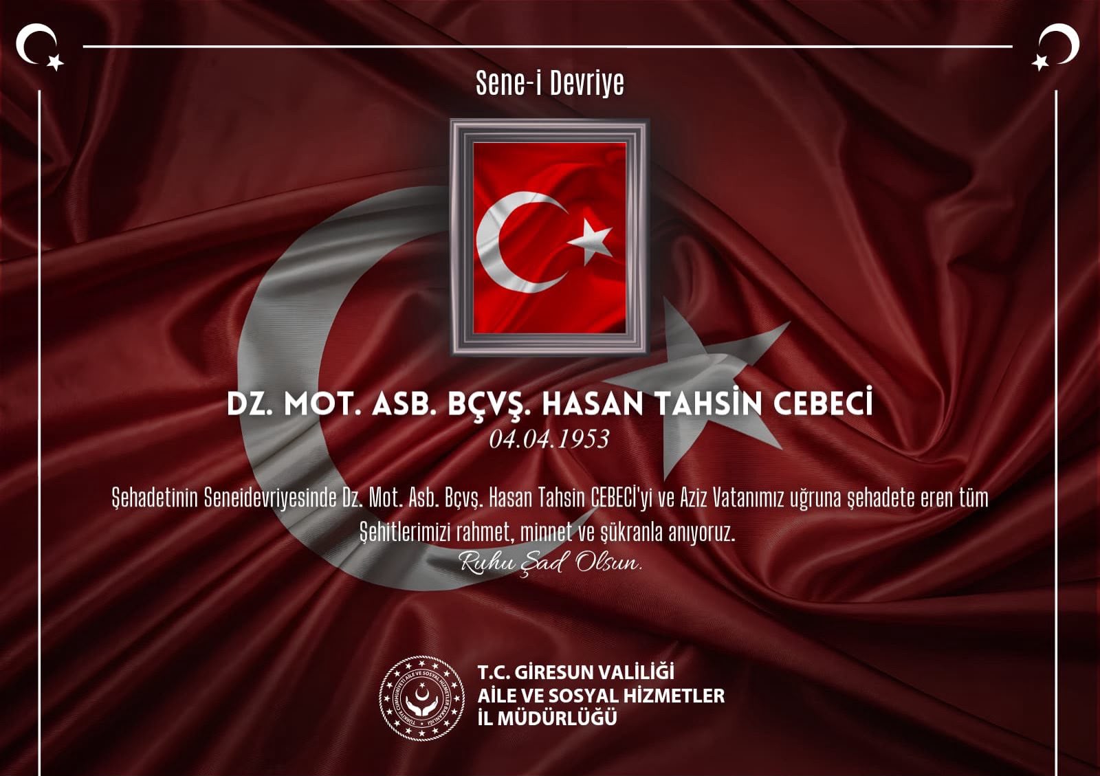 Kahraman Şehidimiz Dz. Mot. Asb. Bçvş. Hasan Tahsin CEBECİ’yi Rahmet, Minnet ve Şükranla Anıyoruz
