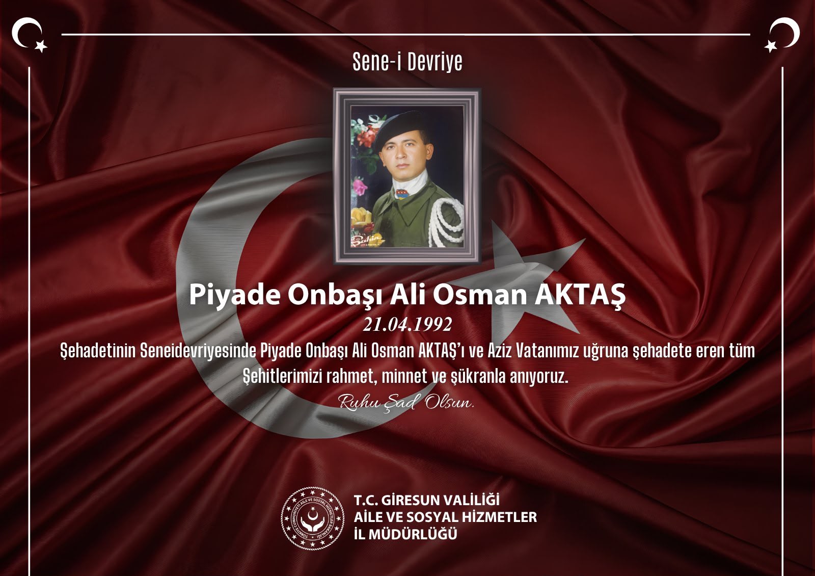 Kahraman Şehidimiz P. Onb. Ali Osman AKTAŞ’ı Rahmet, Minnet ve Şükranla Anıyoruz