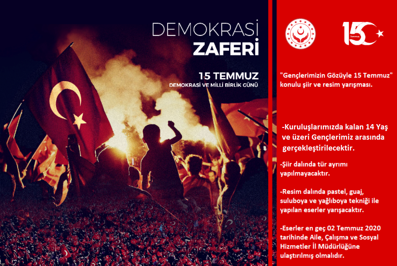 Kuruluşlarımızda kalan 14 yaş ve üzeri gençlerimiz arasında gerçekleştirdiğimiz "Gençlerimizin Gözüyle 15 Temmuz" konulu şiir ve resim yarışmamız devam ediyor.