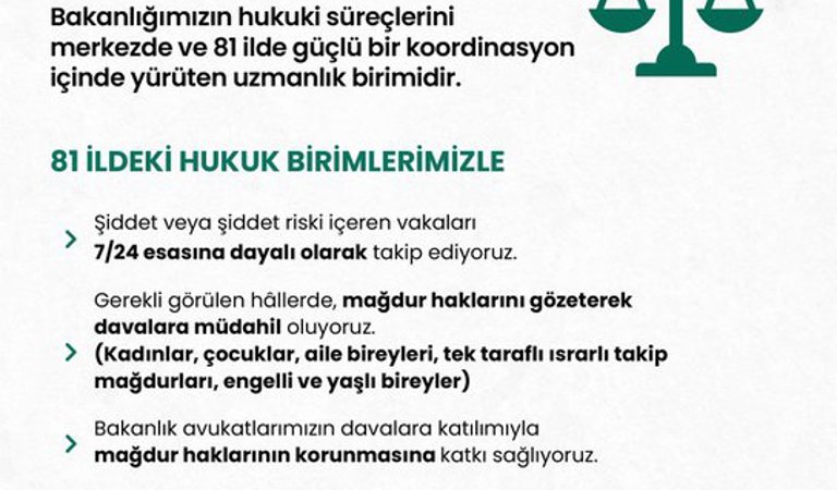 Bakanlığımızın Hukuk Hizmetleri Genel Müdürlüğü, hukuki süreçleri merkezde ve 81 ilde güçlü bir koordinasyon içinde yürüten uzmanlık birimi olarak faaliyetlerini sürdürüyor. 